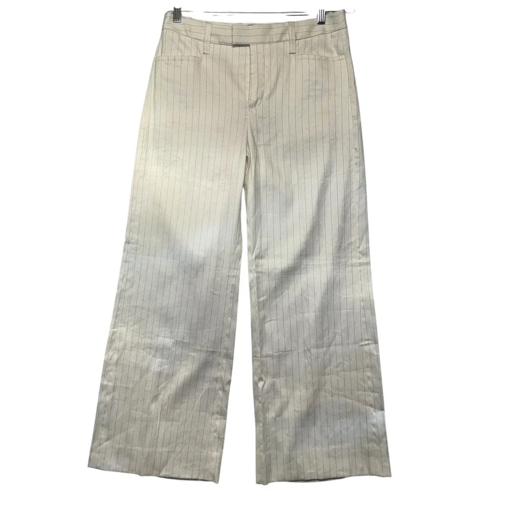 Banana Republic Womens Pinstripe Linen Blend Wide Leg Pants Cream Blue‎ Size 6